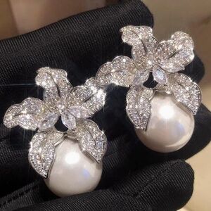 New ~ Anthropologie SHASHI Pave Crystal Flower & Pearl Earrings NWOT